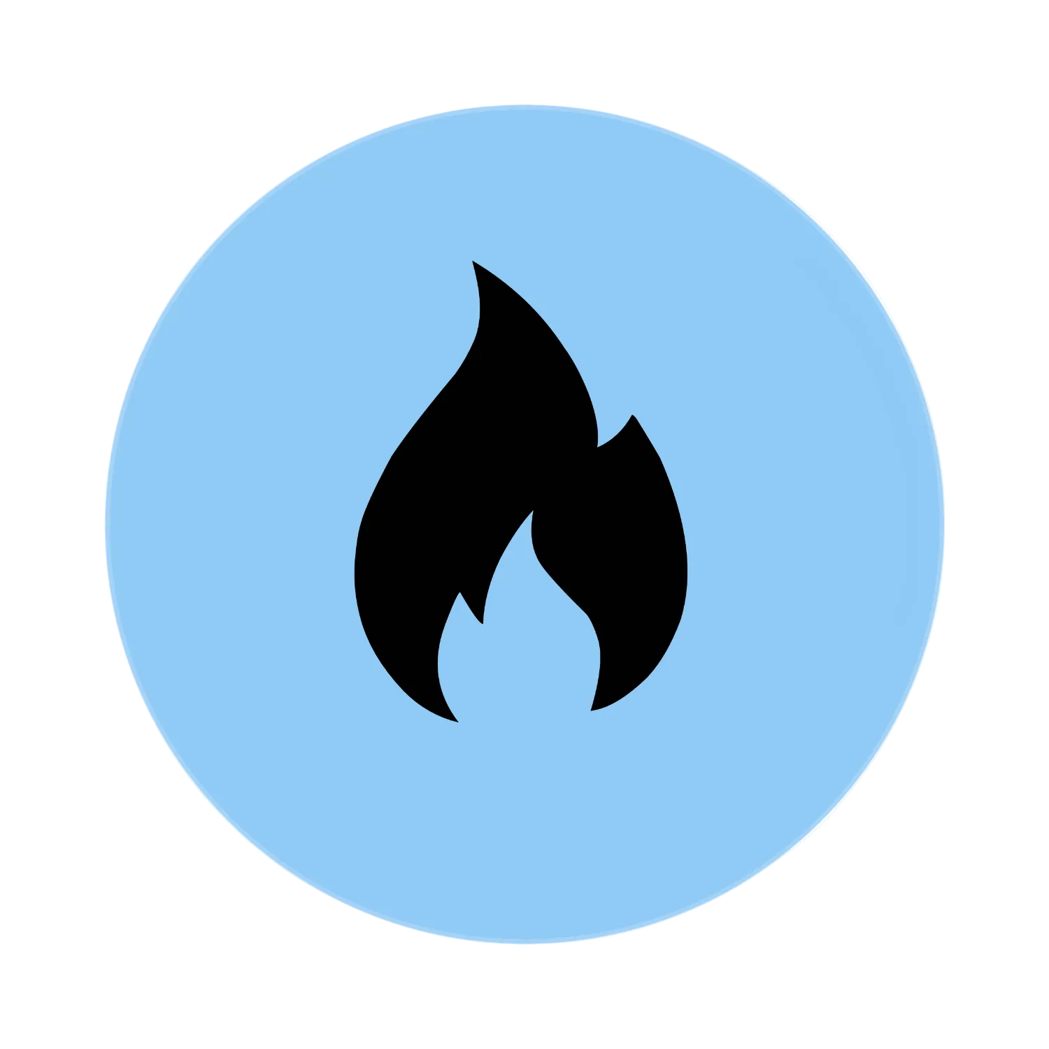 Black flame icon on a blue circle