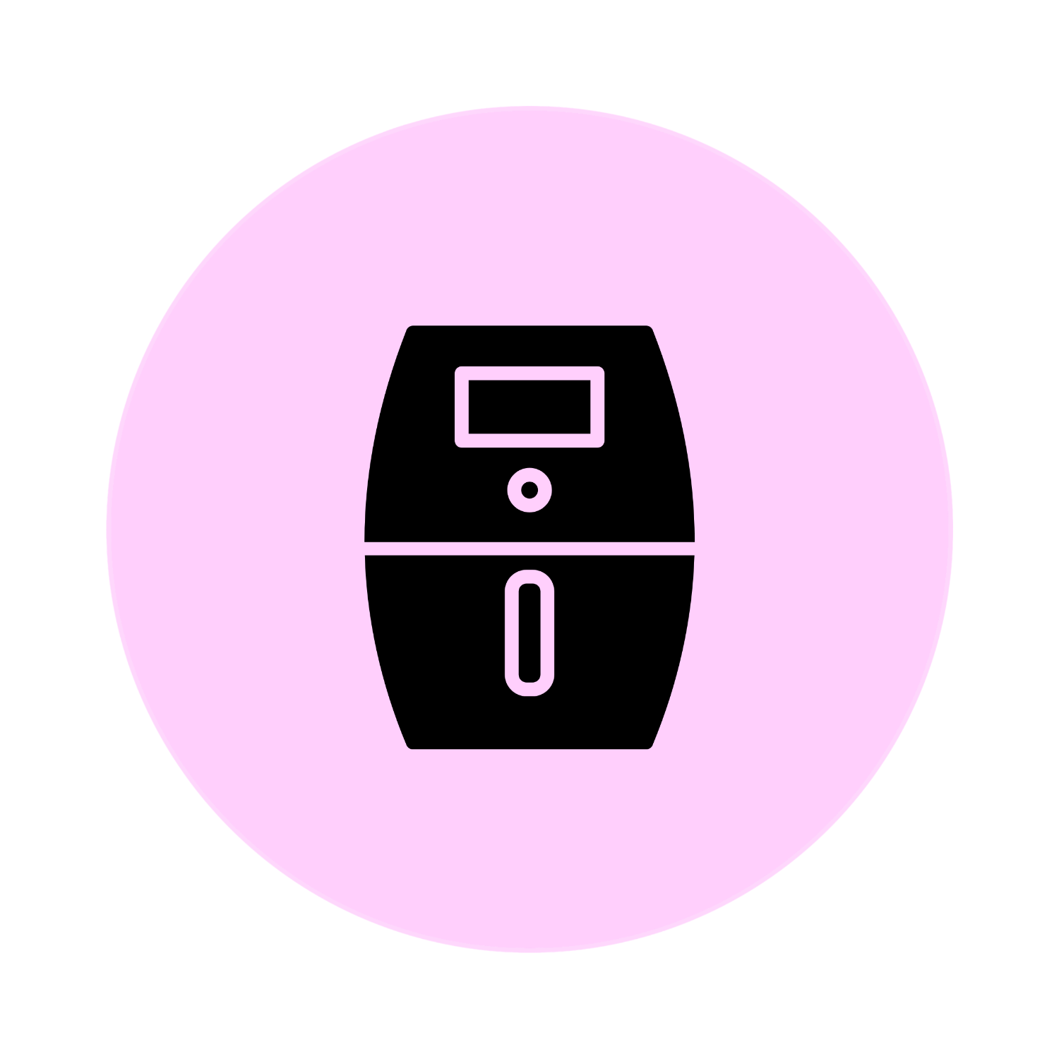 Black icon of a air-fryer on a pink circle