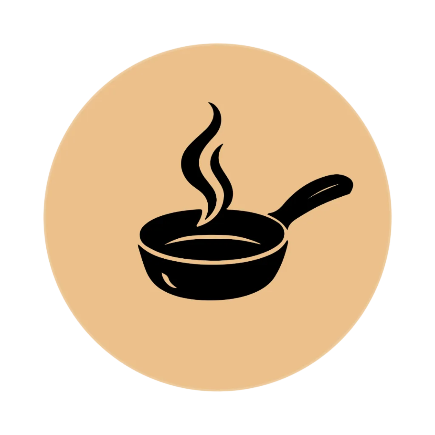 Black icon of a frying pan with steam on a beige circle