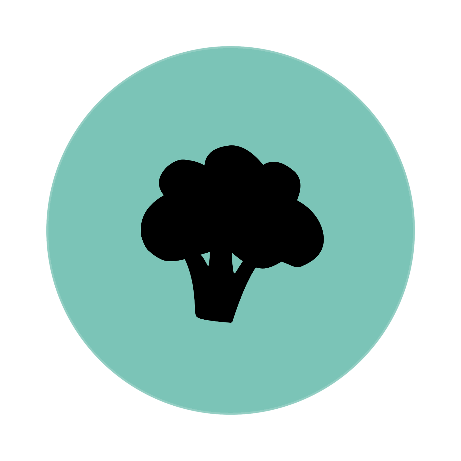 Black silhouette of a broccoli on a teal circle