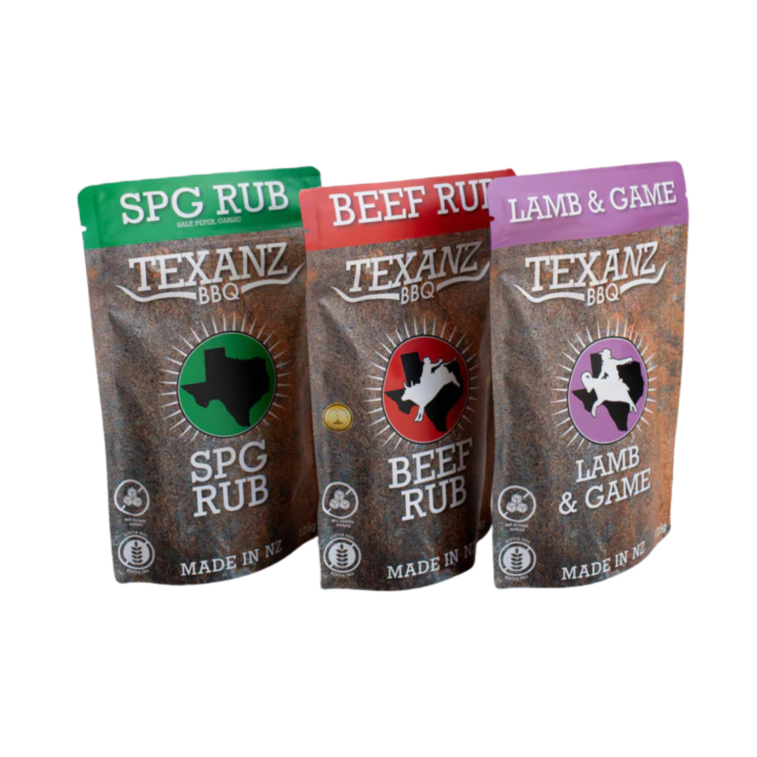 selection of Texanz BBQ meat rubs for lamb, beef, and other meats